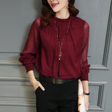 Chiffon Blouse New Women Tops Long Sleeve Stand Neck Work