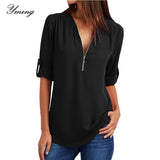 Fashion Women Blouse Zipper Chiffon Blouse Office Casual Ladies