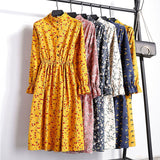 Corduroy Butterfly Sleeve Print Mid-long Dress Women 2019