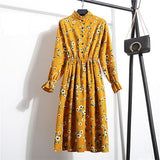 Corduroy Butterfly Sleeve Print Mid-long Dress Women 2019