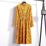 Corduroy Butterfly Sleeve Print Mid-long Dress Women 2019