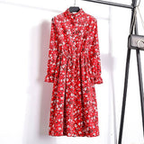 Corduroy Butterfly Sleeve Print Mid-long Dress Women 2019