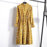 Corduroy Butterfly Sleeve Print Mid-long Dress Women 2019