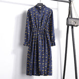 Corduroy Butterfly Sleeve Print Mid-long Dress Women 2019