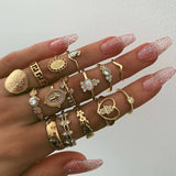 15 Pcs/ Set Bohemian Crystal Finger Ring Set Women Gold Color