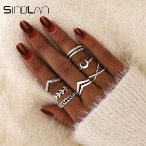 Sindlan 7Pcs Simple Silver Geometric Moon Charm Rings for Women