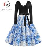 Black Big Swing Print Vintage Christmas Dress Women