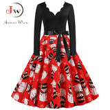 Black Big Swing Print Vintage Christmas Dress Women