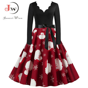 Black Big Swing Print Vintage Christmas Dress Women