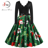 Black Big Swing Print Vintage Christmas Dress Women