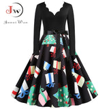 Black Big Swing Print Vintage Christmas Dress Women