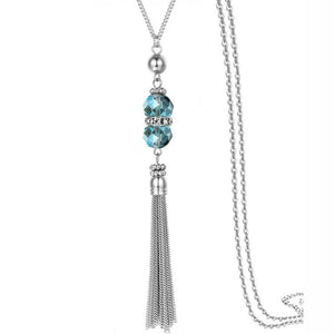 Boho Crystal Bead Silver Necklace Long Chain Alloy Tassel Pendant