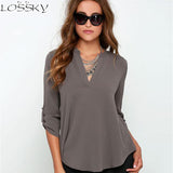 Blouse shirt Women Fashion Chiffon Blouses 3/4 Sleeve V-neck